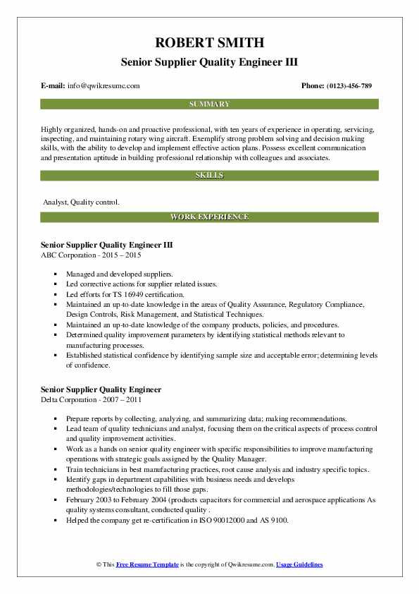 Supplier Quality assurance Engineer Resume Sample Senior Supplier Quality Engineer Resume Samples