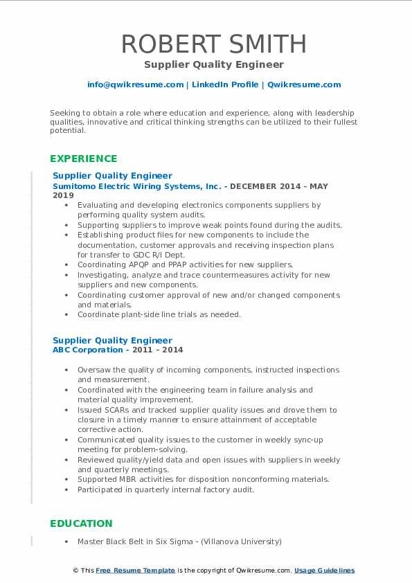 Supplier Quality assurance Engineer Resume Sample Supplier Quality Engineer Resume Samples
