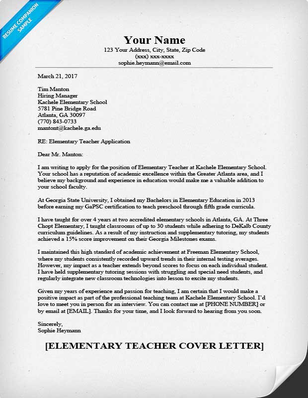 Teacher Resume and Cover Letter Samples Elementary Teacher Cover Letter Sample & Guide