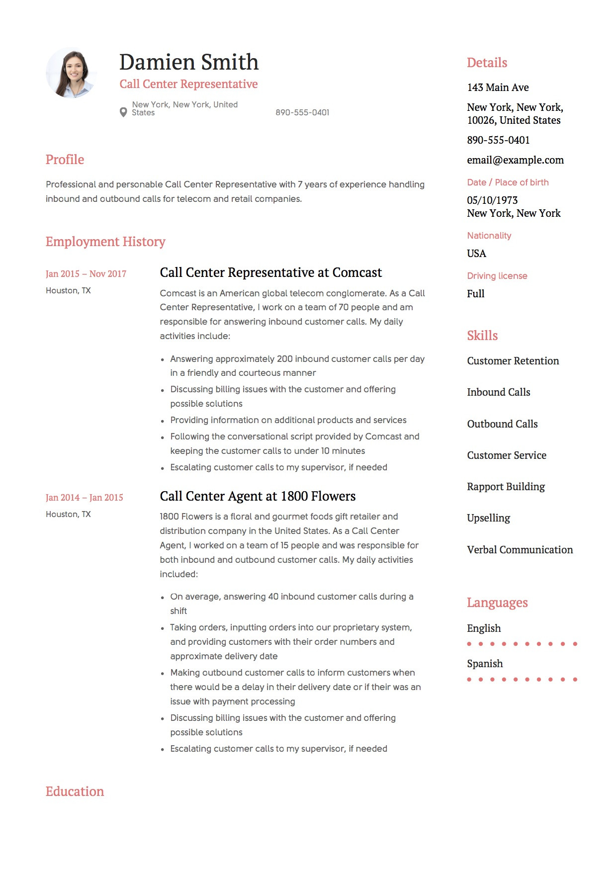Call Center Resume Examples and Samples Call Center Representative Resume & Guide