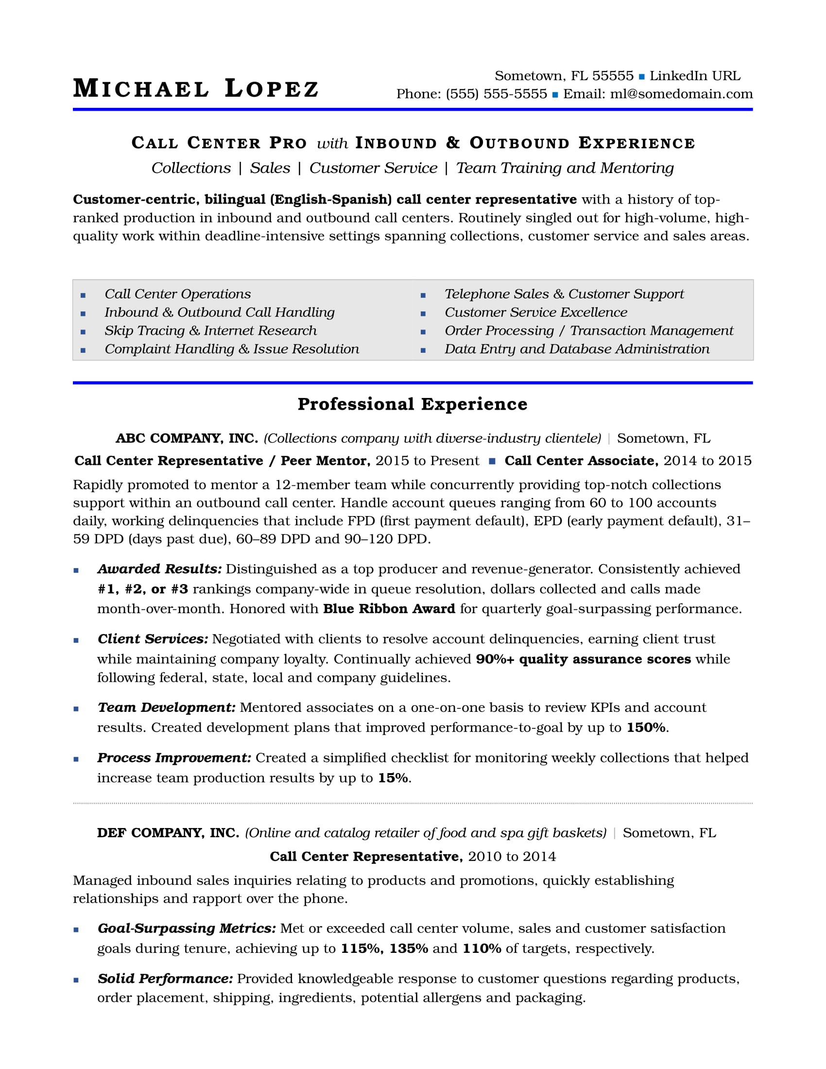 Call Center Resume Examples and Samples Call Center Resume Sample