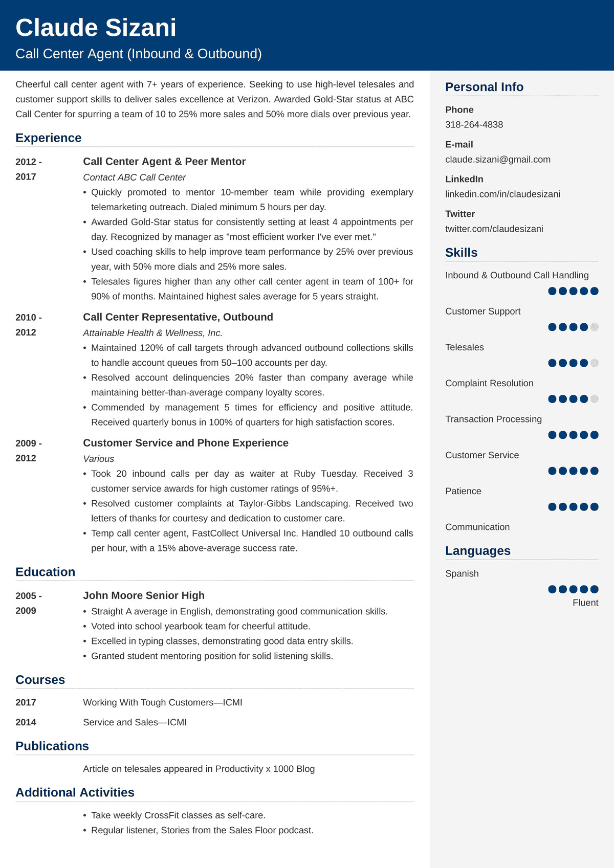 Call Center Resume Sample with Experience Call Center Resume Sample—25 Examples and Writing Tips