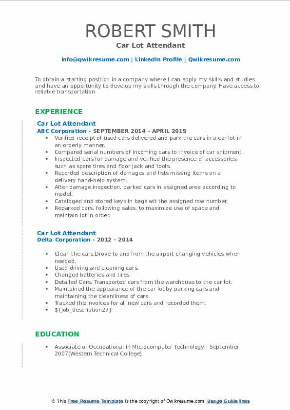 Car Dealership Lot attendant Resume Sample Car Lot attendant Resume Samples