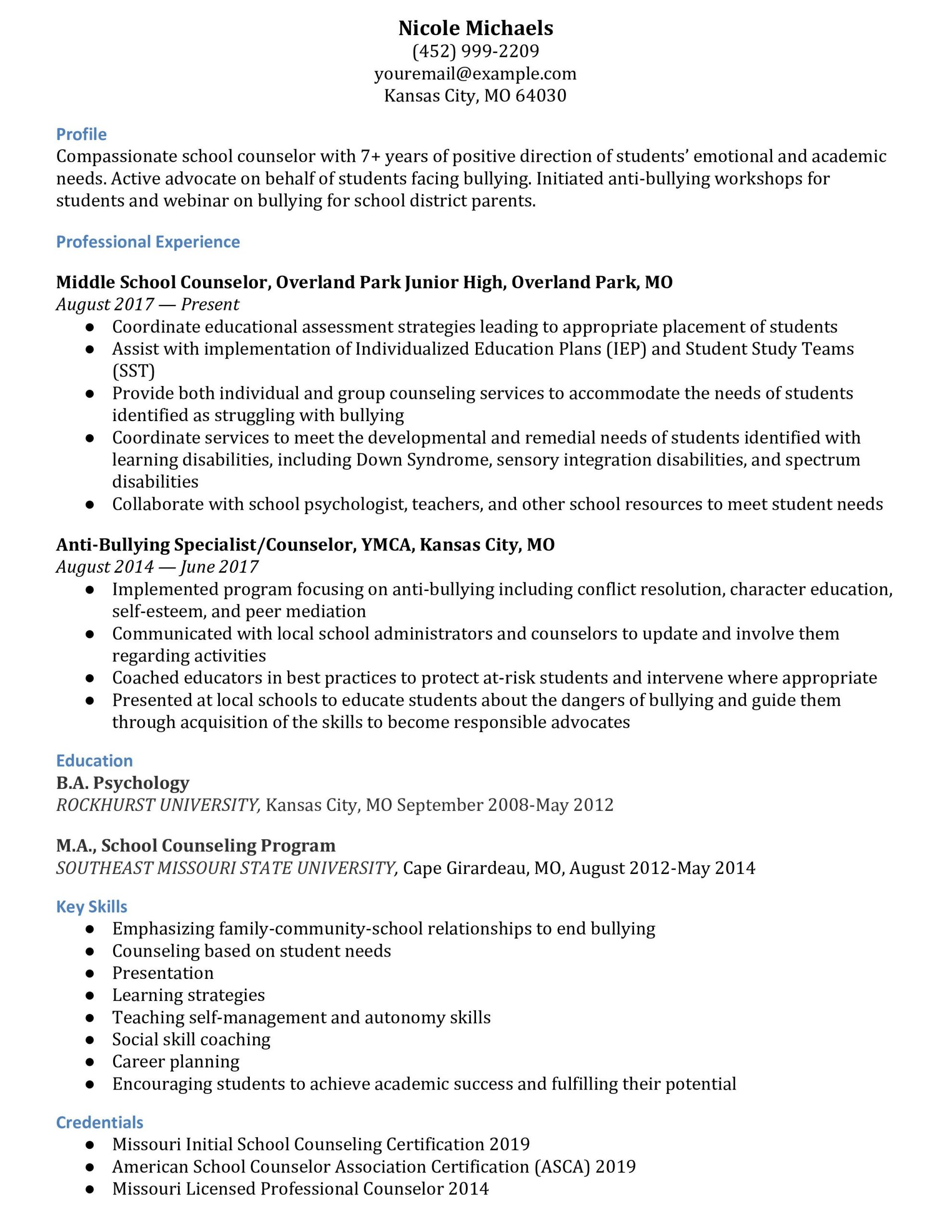 Career Change From Corporate to Teaching Resume Sample School Counselor Resume Examples – Resumebuilder.com