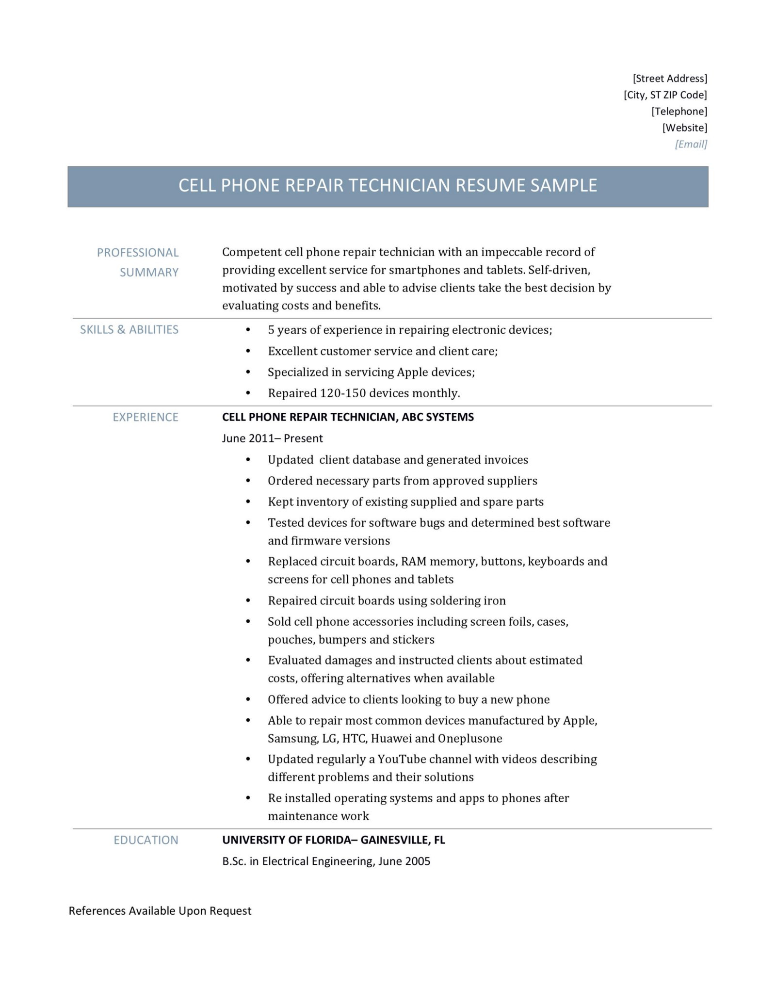 Cell Phone Repair Technician Resume Sample Cell Phone Resumes – Derel