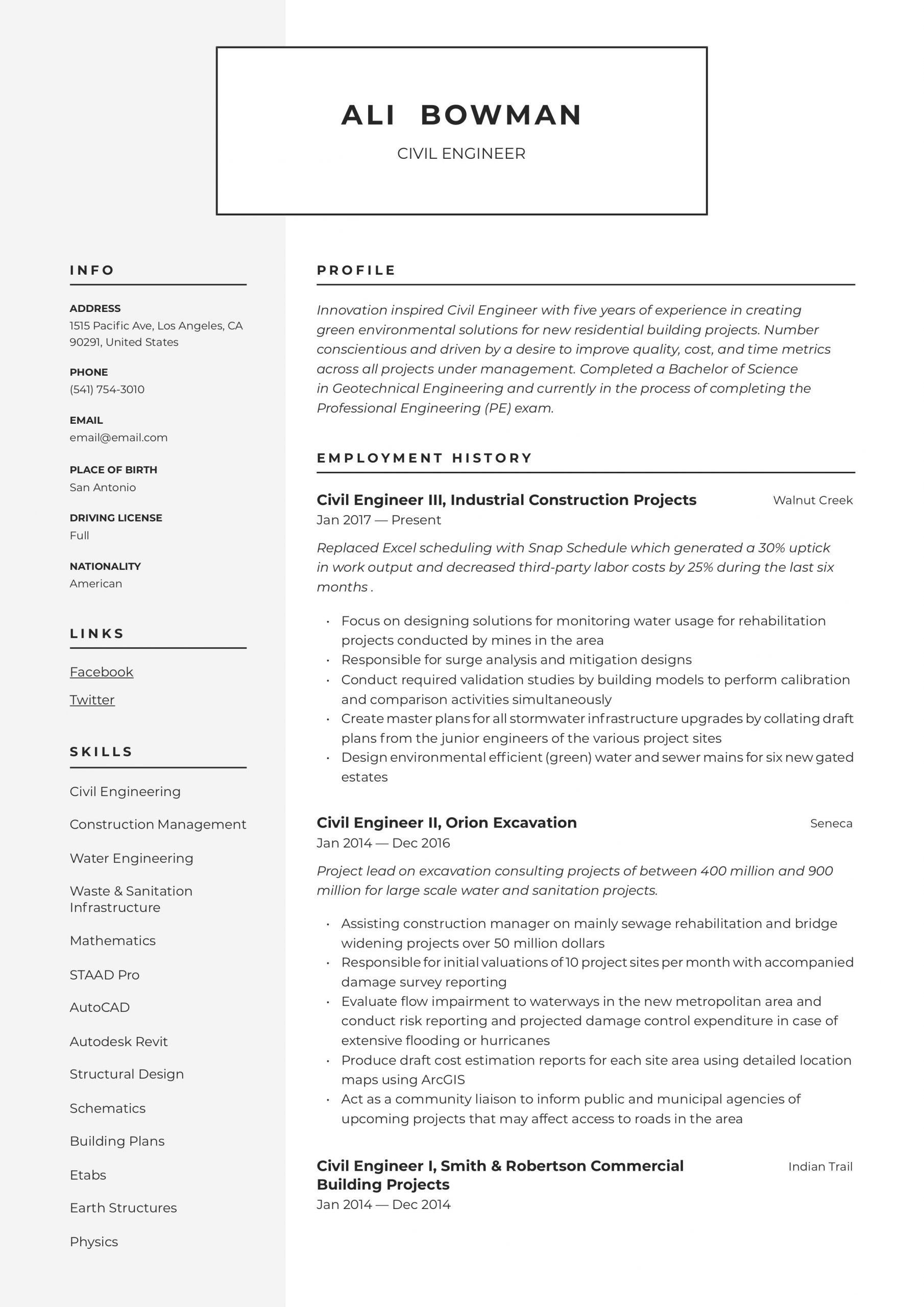Civil Engineer Resume Template Free Download Civil Engineer Resume & Writing Guide  12 Resume Templates 2020