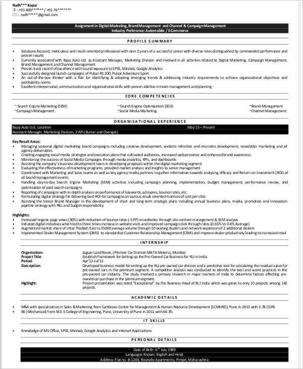 Digital Marketing Fresher Resume Sample Pdf Marketing Fresher Resume Template 4 Free Word Pdf