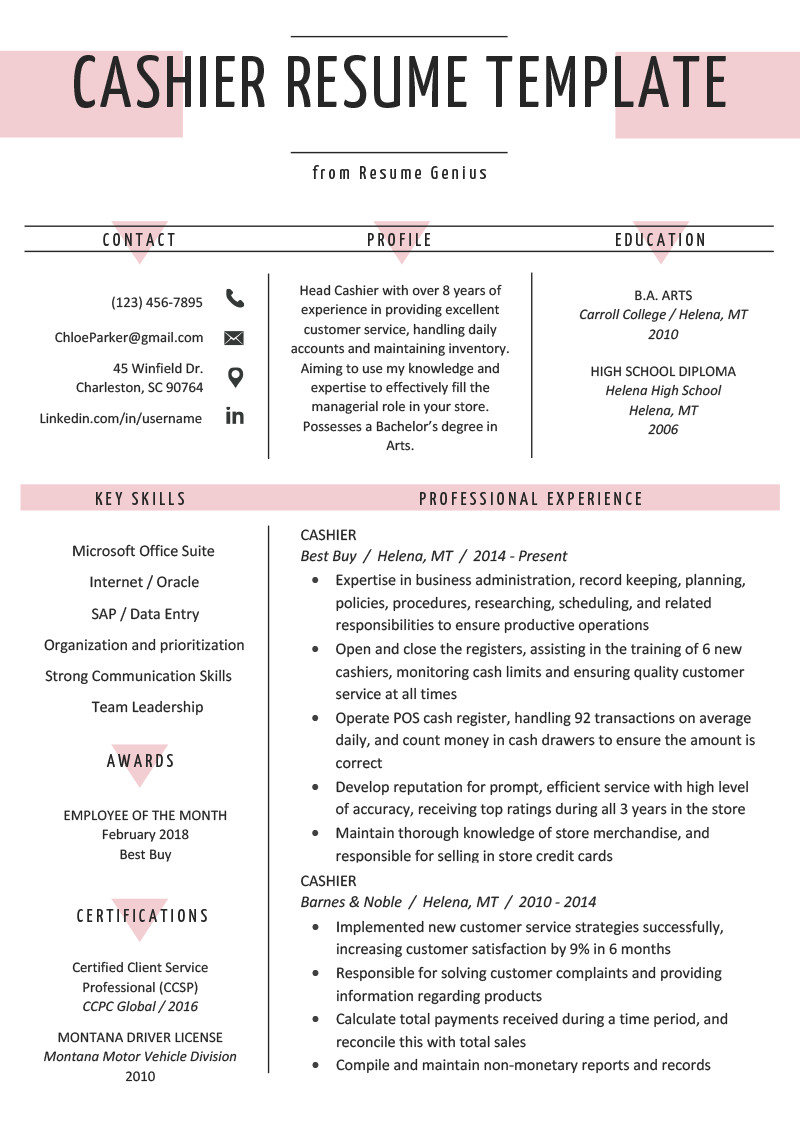 Free Sample Resume for Cashier Position Cashier Resume Sample & Writing Guide