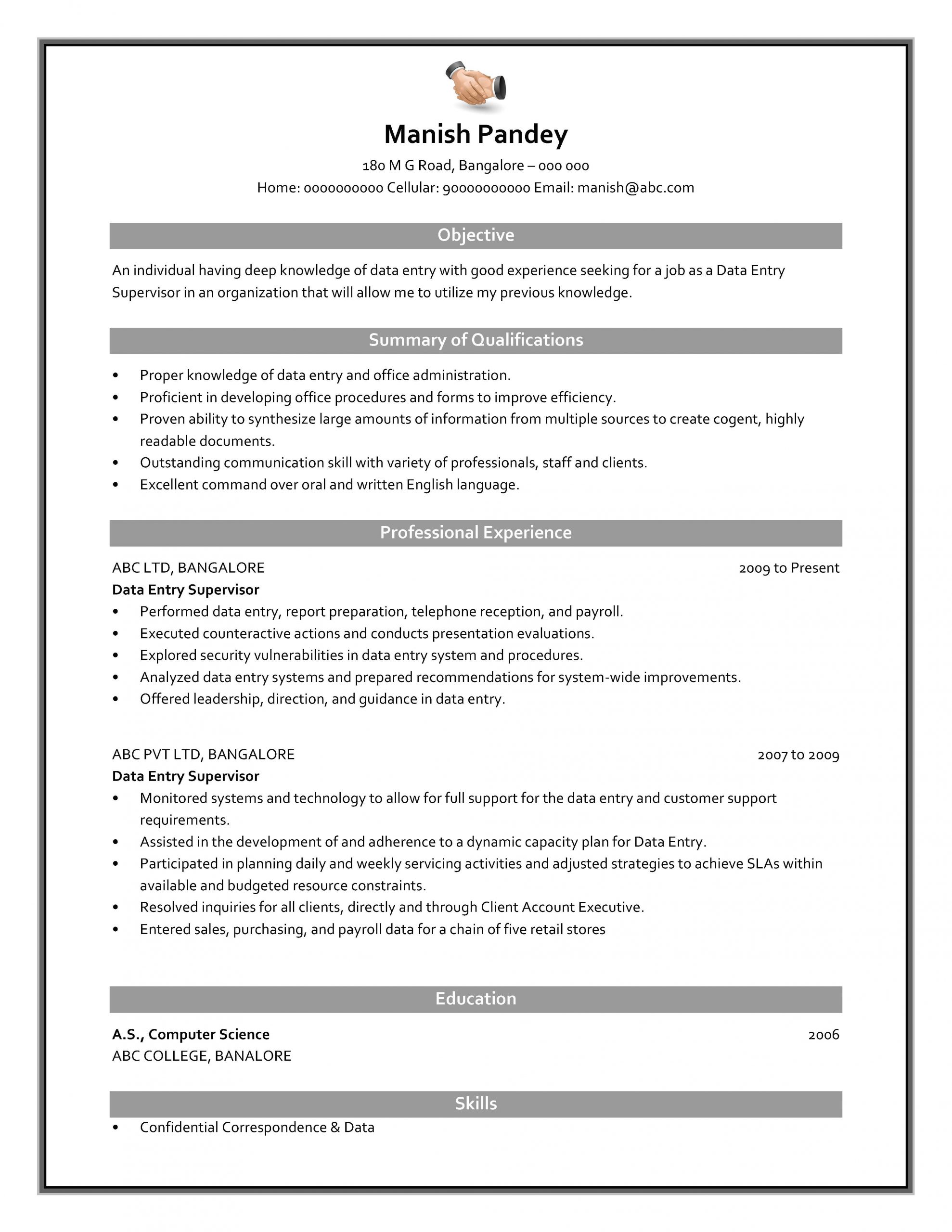 Free Sample Resume for Data Entry Data Entry Supervisor Resume Sample Pdf format