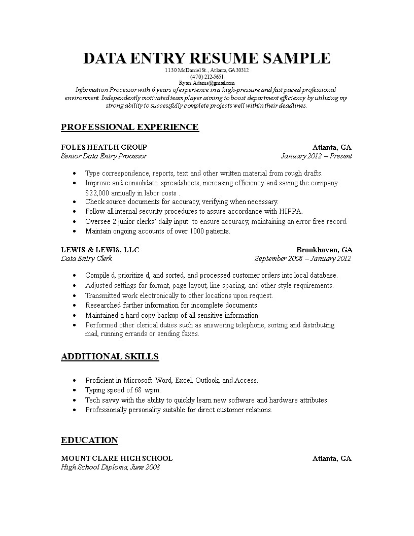 Free Sample Resume for Data Entry Sample Data Entry Resume