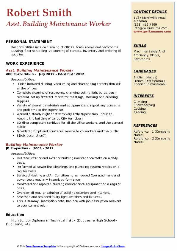 Free Sample Resume for Maintenance Worker Building Maintenance Worker Resume Samples