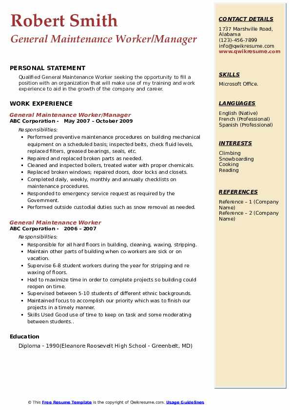 Free Sample Resume for Maintenance Worker General Maintenance Worker Resume Samples