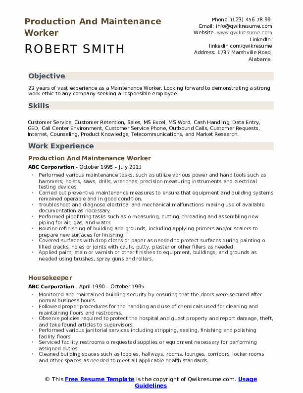 Free Sample Resume for Maintenance Worker Maintenance Worker Resume Samples