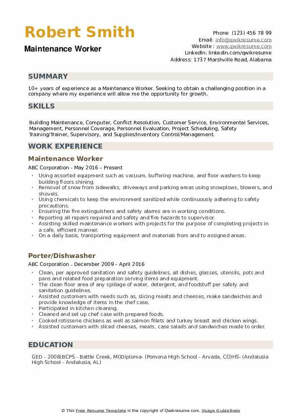 Free Sample Resume for Maintenance Worker Maintenance Worker Resume Samples