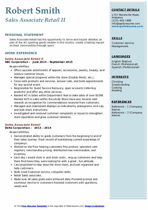 Free Sample Resume for Retail Sales associate Sales associate Retail Resume Samples