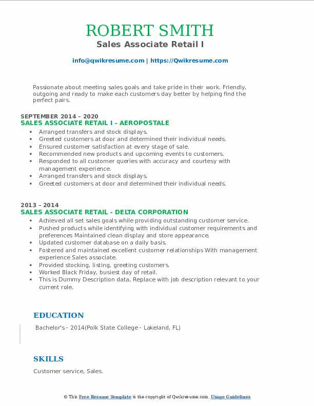 Free Sample Resume for Retail Sales associate Sales associate Retail Resume Samples