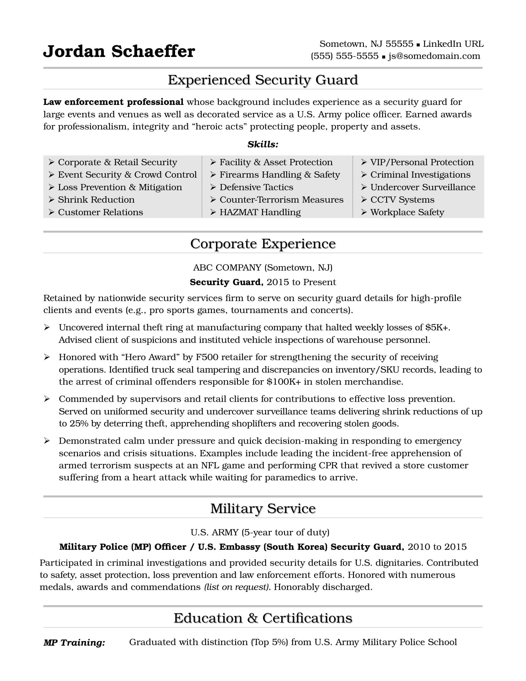 Free Sample Resume for Security Guard Security Guard Resume Sample
