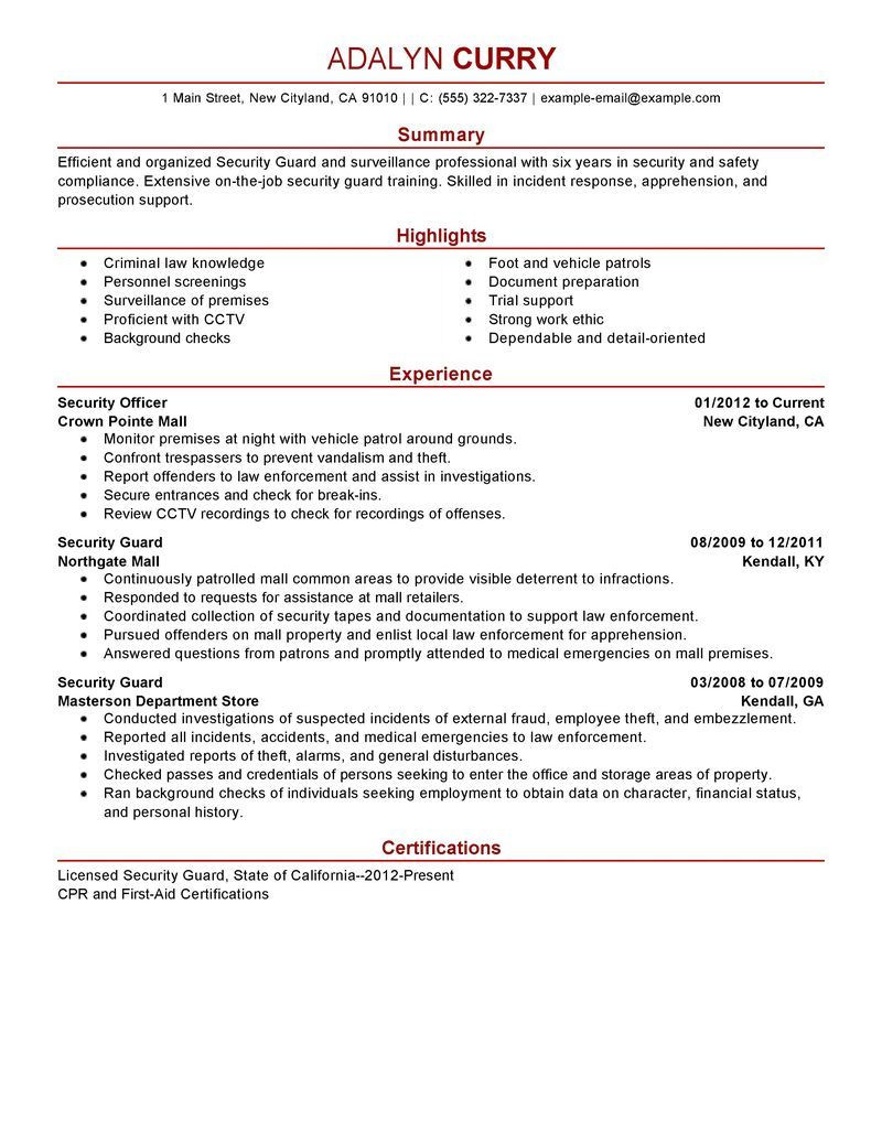 Free Sample Resume for Security Supervisor Security Guard Resume Examples Good Resume Examples, Job Resume …