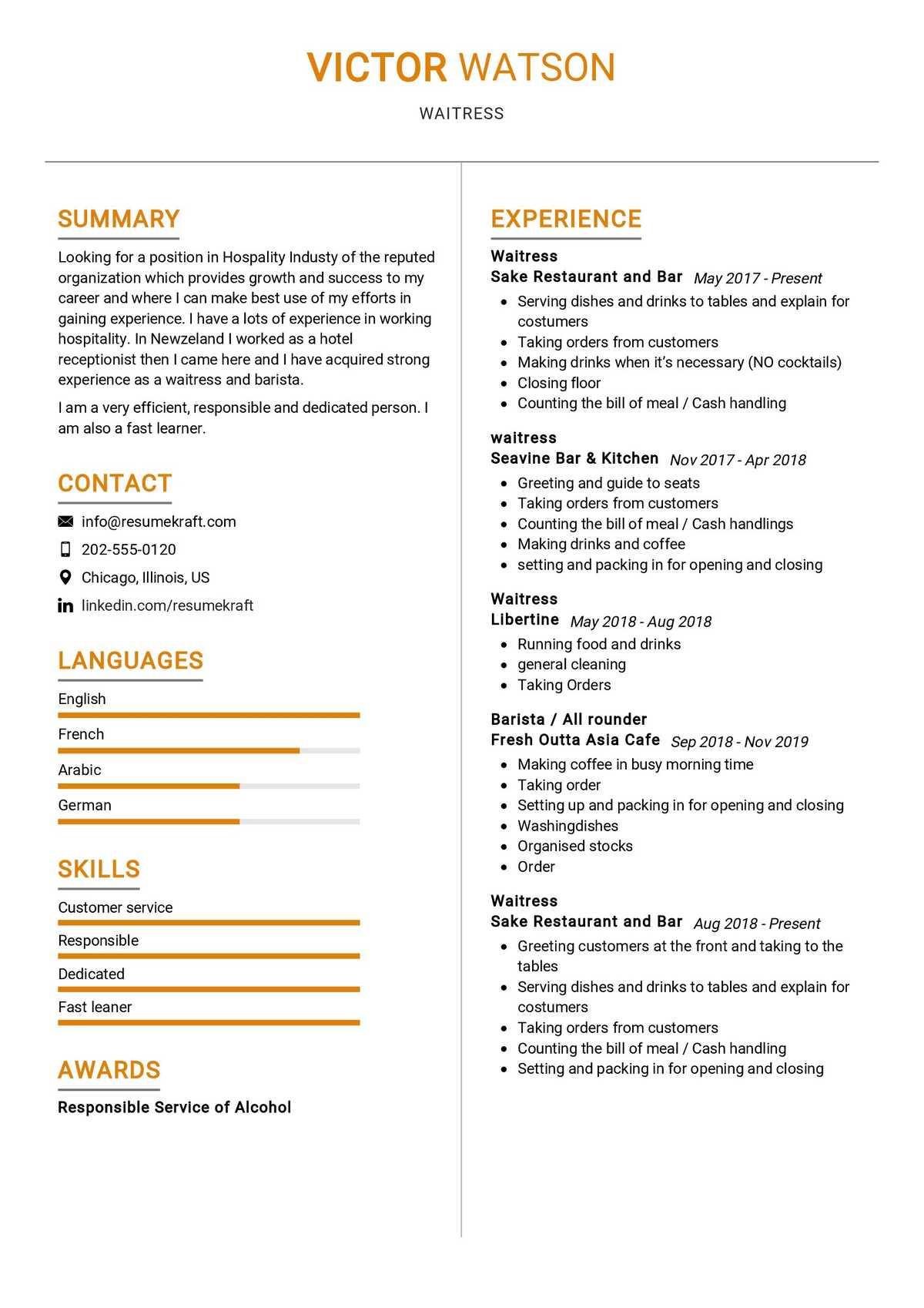 Free Sample Resume for Waitress Position Waitress Resume Sample 2021 Writing Guide & Tips- Resumekraft