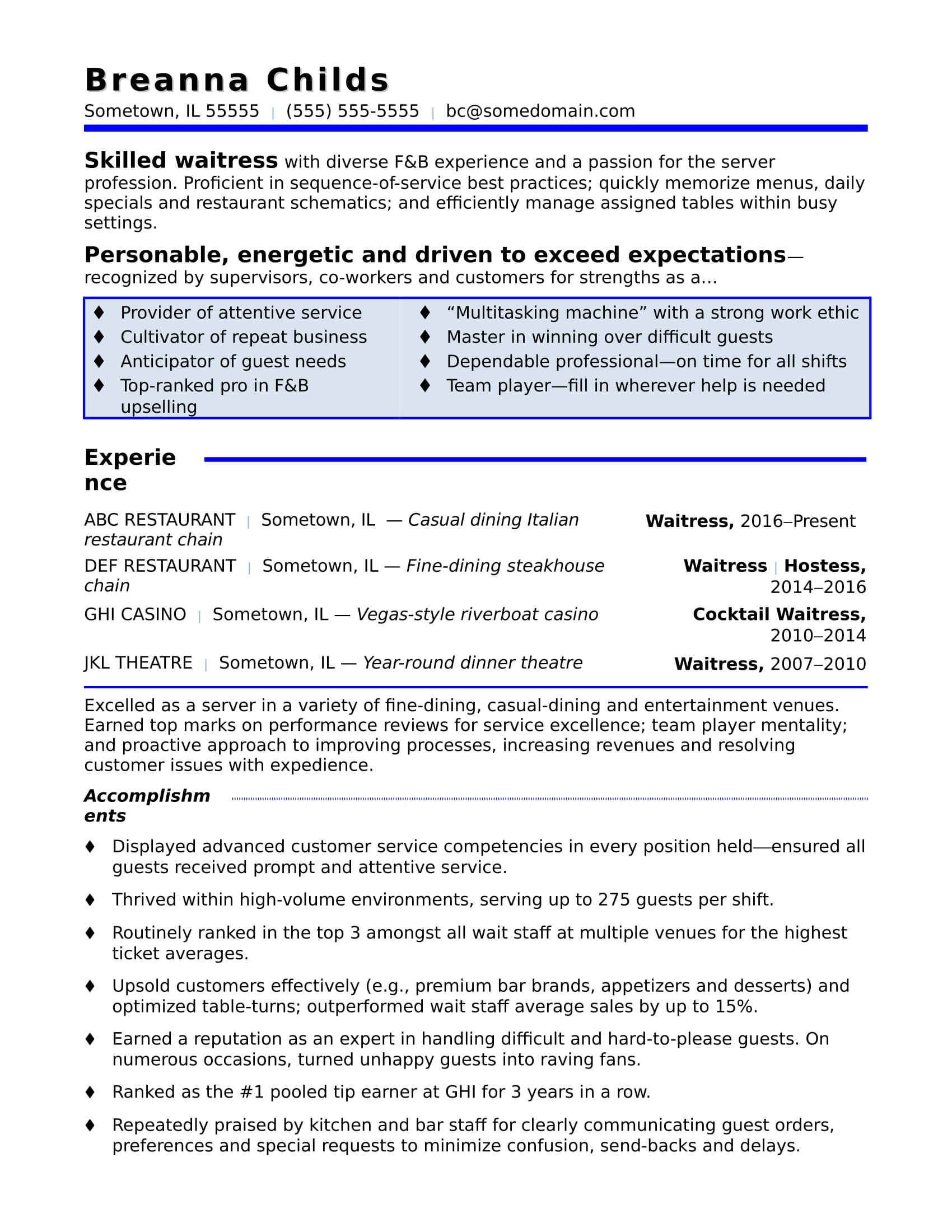 Free Sample Resume for Waitress Position Waitress Resume Sample Monster.com