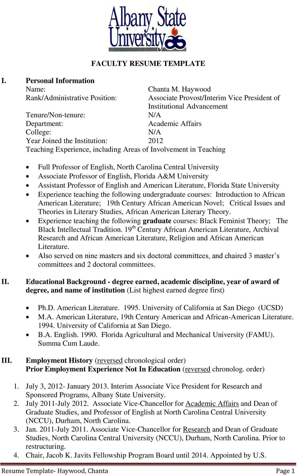 Haslam College Of Business Resume Template Faculty Resume Template. Chanta M. Haywood. Institutional …