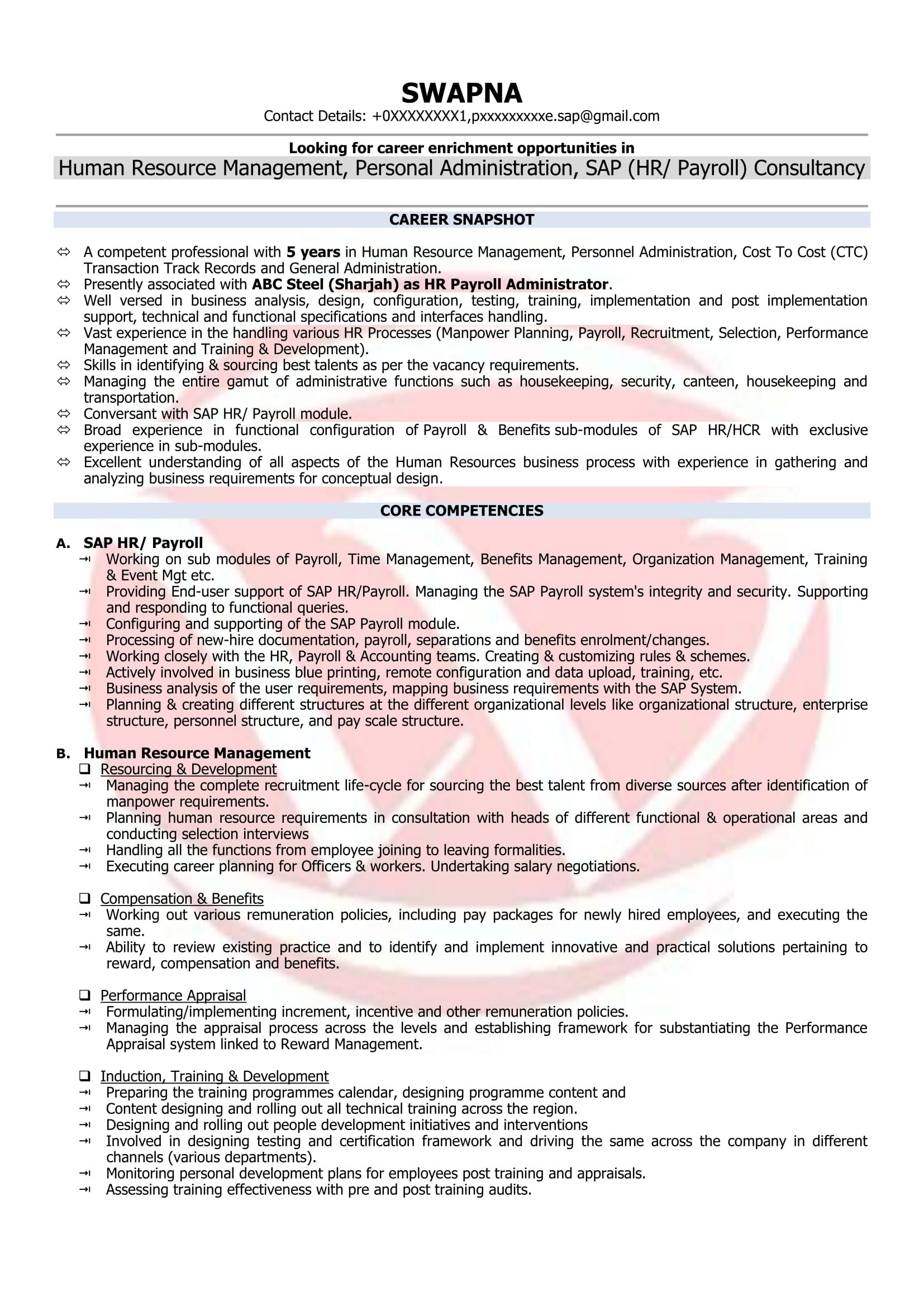 Hr Resume Sample for 1 Year Experience Hr Executive Sample Resumes, Download Resume format Templates!