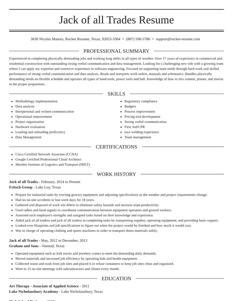 Jack Of All Trades Resume Sample Jack Of All Trades Resume Writer & Example Rocket Resume Jack Of All Trades Resume Sample Jack Of All Trades Resume Writer & Example Rocket Resume