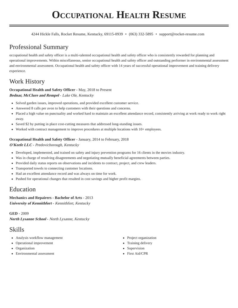 Occupational Health and Safety Resume Templates Occupational Health and Safety Officer Resume Creator & Undefined