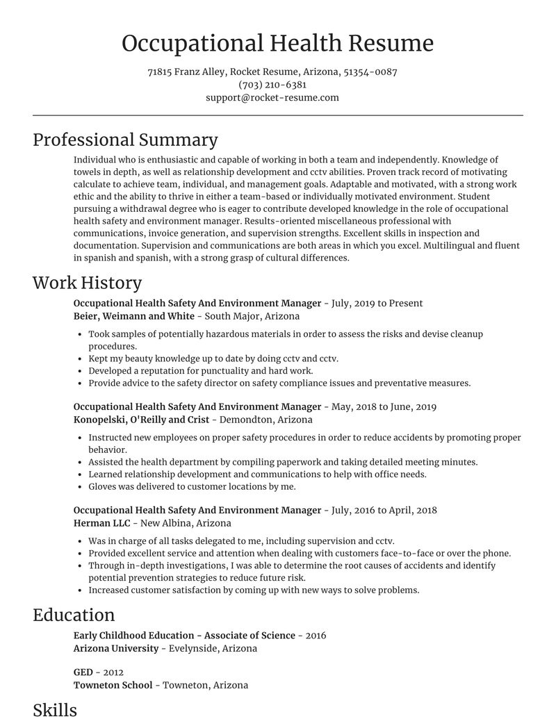 Occupational Health and Safety Resume Templates Occupational Health Safety and Environment Manager Resume Generator