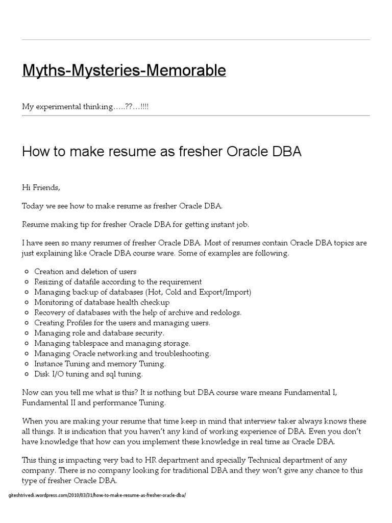 Oracle Dba Resume Sample for Fresher How to Make Resume as Fresher oracle Dba Myths-mysteries-memorable …