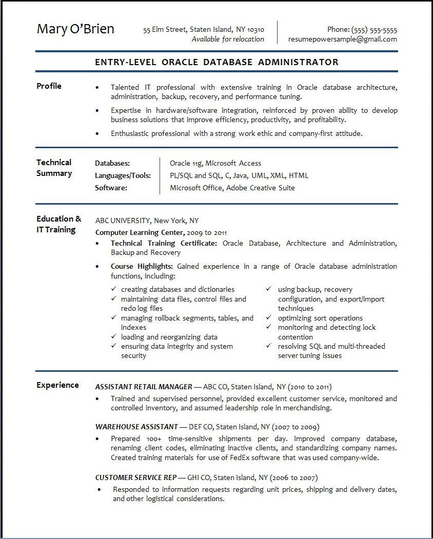 Oracle Dba Resume Sample for Fresher oracle Database Administrator Resume Sample September 2021