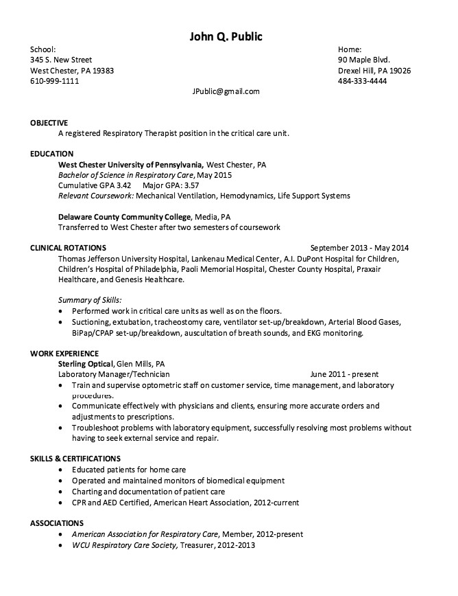 Respiratory therapist New Grad Resume Sample Respiratory therapist Sample Resume Mryn ism