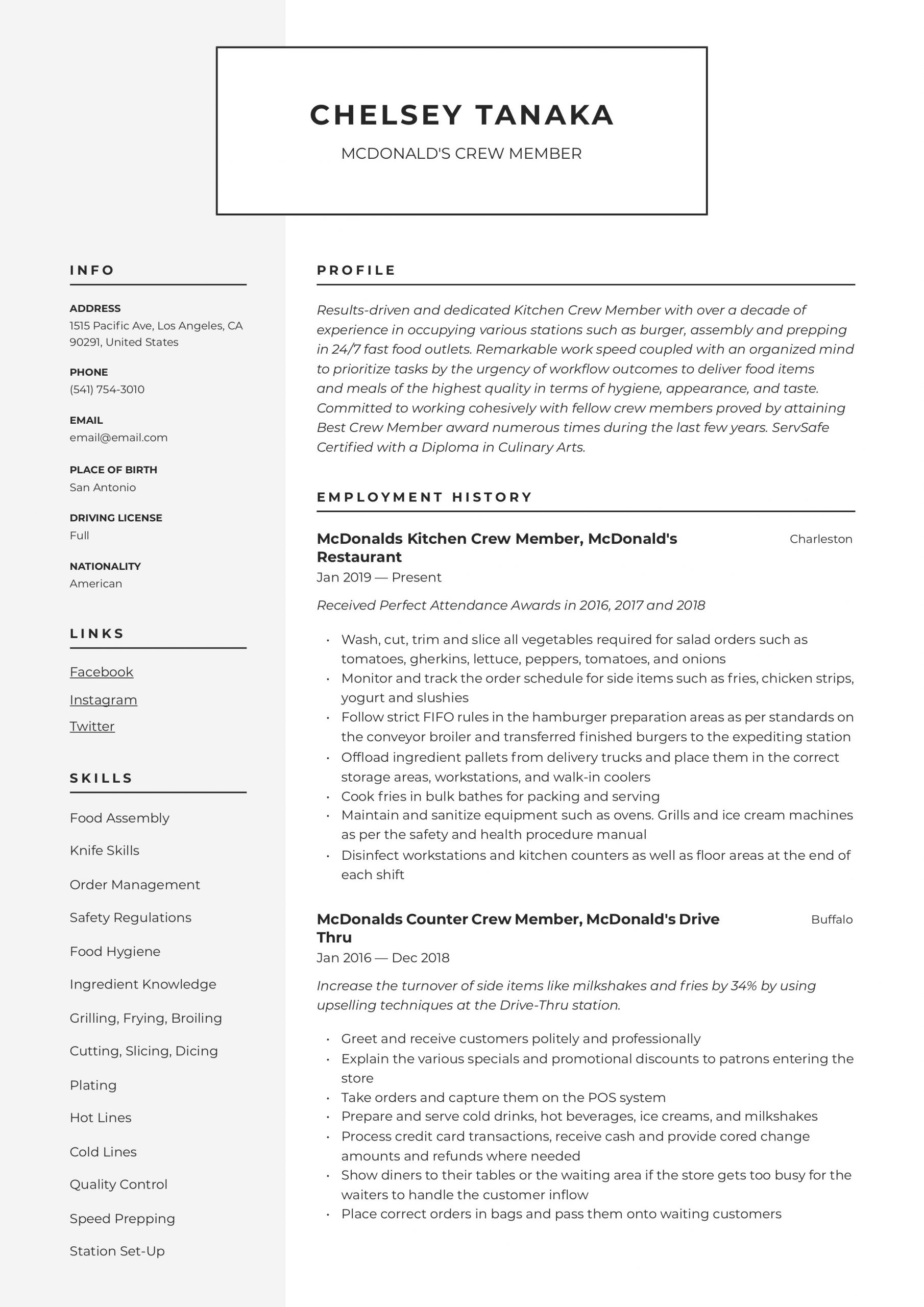 Resume Sample Objective for Service Crew Mcdonalds Crew Member Resume & Writing Guide  12 Examples 2020