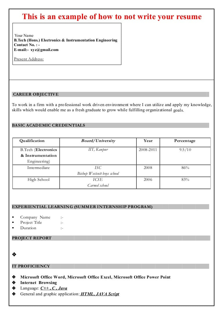 Resume Template Download for Engineering Freshers Resume format for Freshers Download