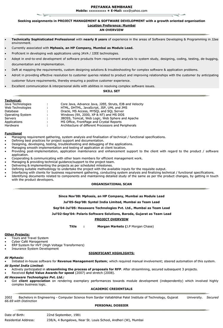 Resume Template for 2 Years Experience It Resume format – Resume Samples for It – It Cv format â Naukri.com