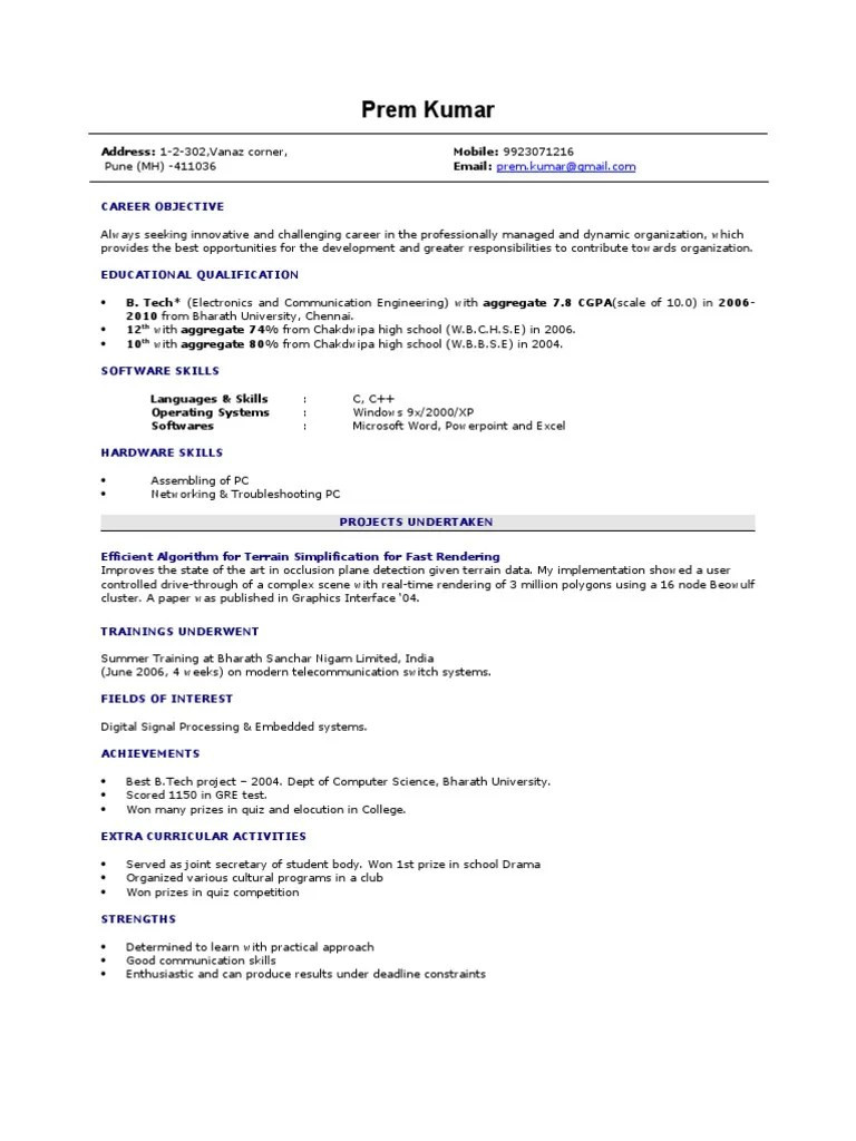 Resume Template for Computer Engineer Fresher Fresh Computer Science Cv – 4 Computer Science Cs Resume Examples …