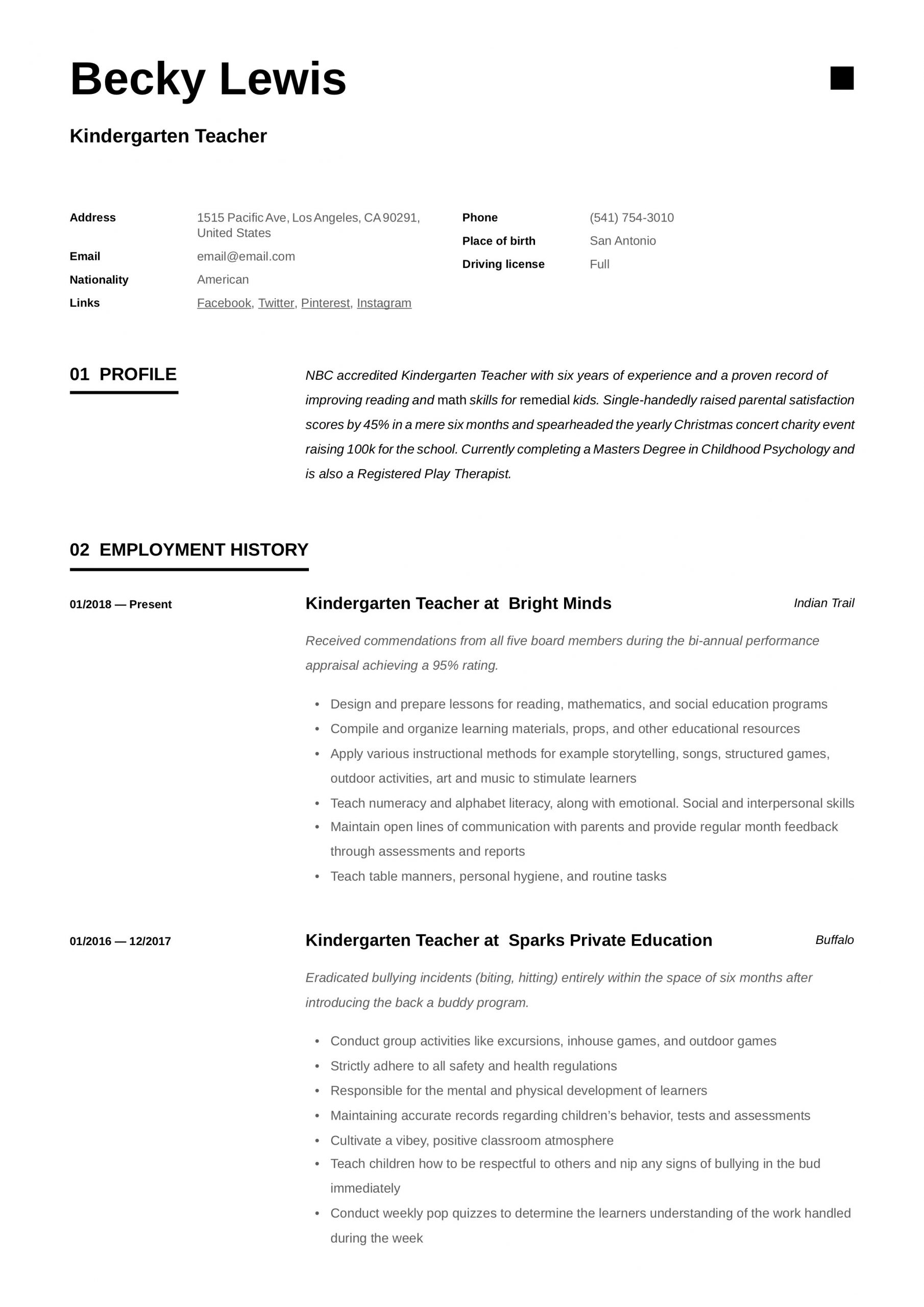 Resume Template for Early Childhood Educator Kindergarten Teacher Resume & Writing Guide  12 Examples 2020