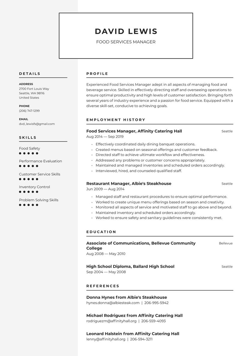 Resume Template for Food Service Industry Food Services Manager Resume Examples & Writing Tips 2021 (free Guide)