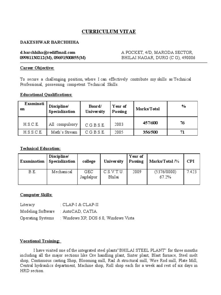 Resume Template for Mechanical Engineer Fresher Fresher Mechanical Engineer Resume Pdf Steel Mill Vocational …