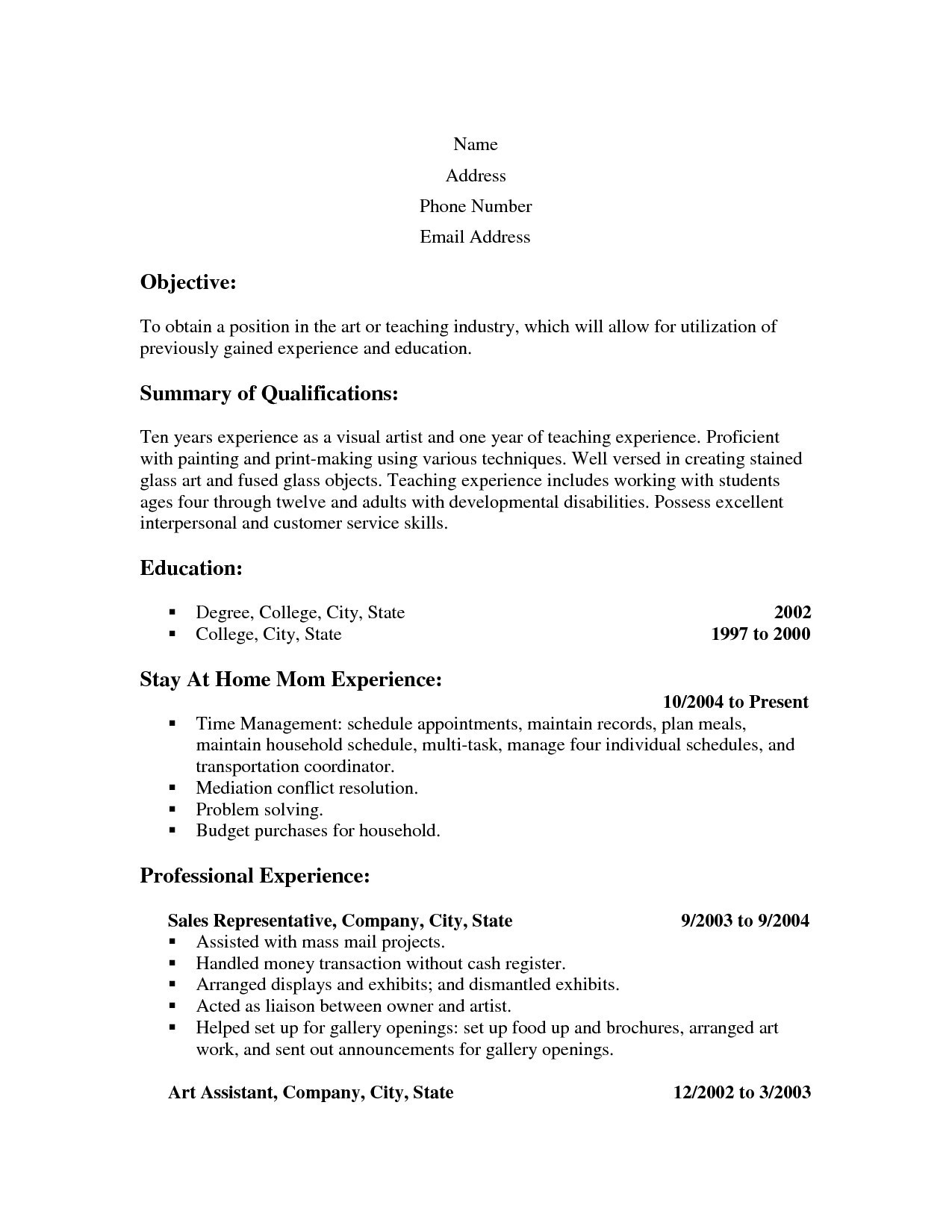 Resume Template for Mothers Returning to Work Resume Examples for Stay at Home Moms – Free Resume Templates