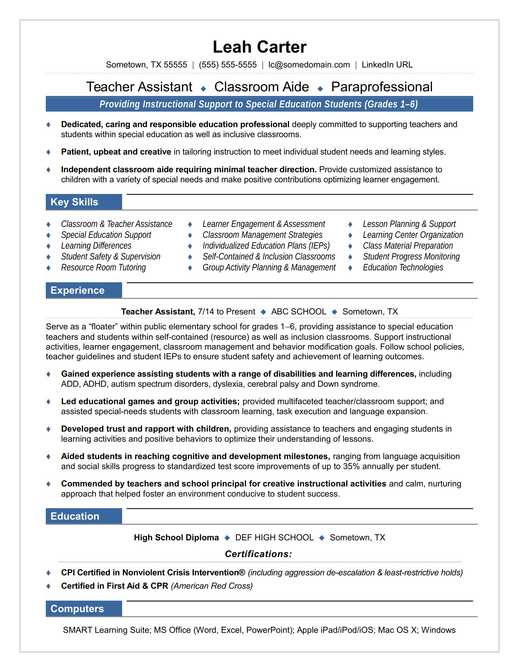 Resume Template for Students with Disabilities Teacher assistant Resume Sample Monster.com