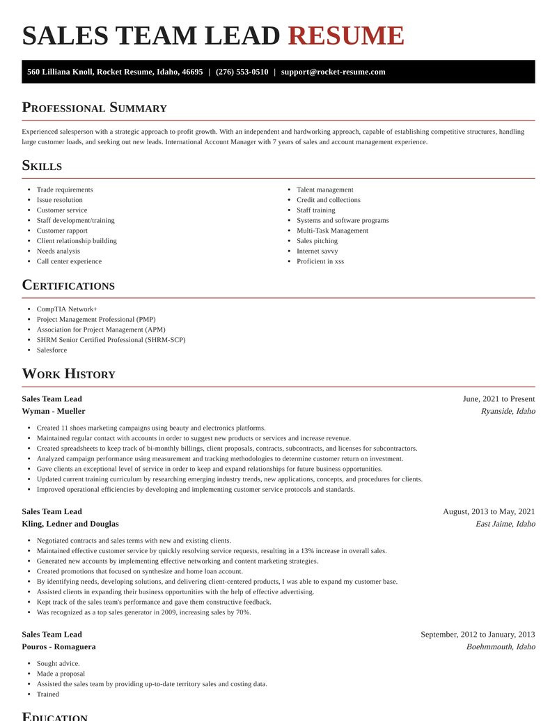 Resume Template for Team Lead Position Sales Team Lead Resume Generator & Sample Rocket Resume