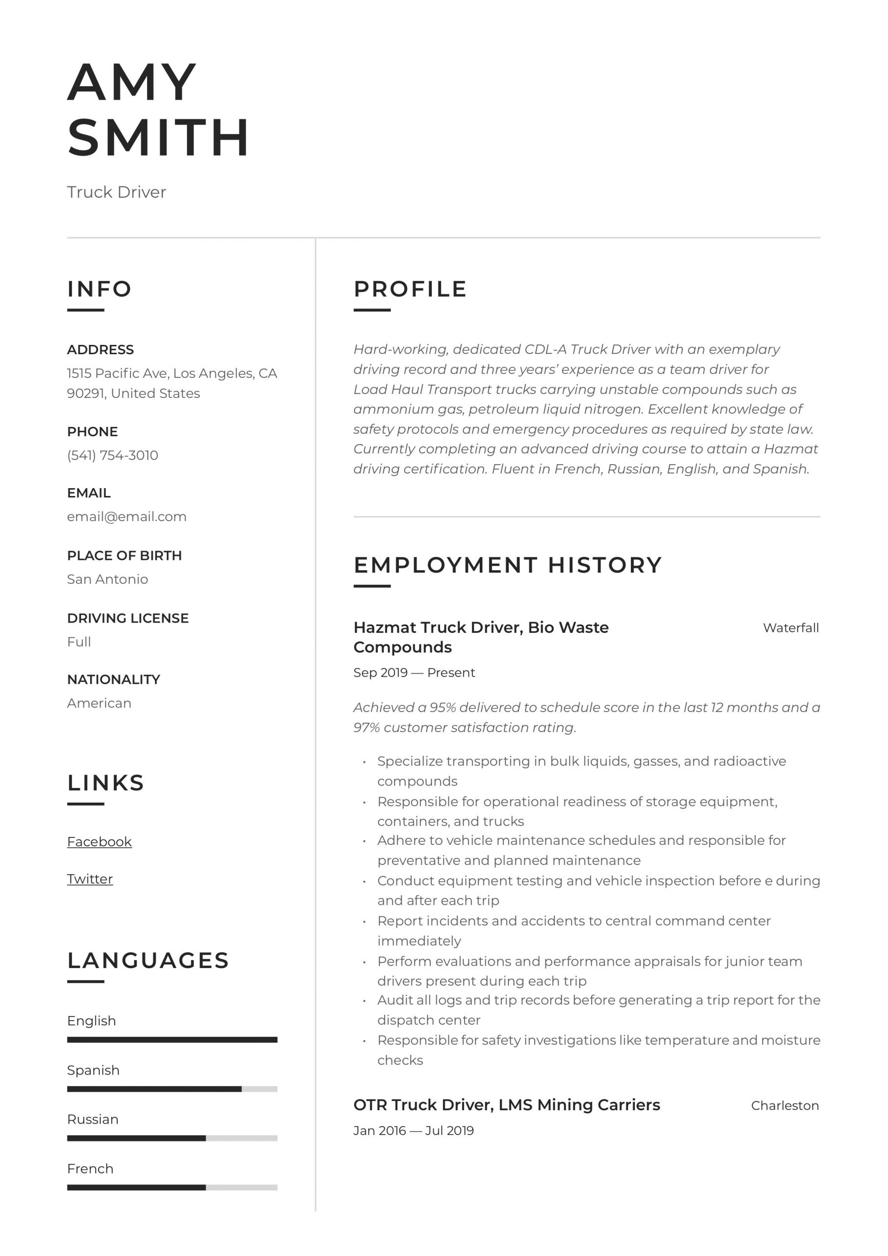 Resume Template for Truck Driving Job Truck Driver Resume & Writing Guide  12 Resume Examples 2019