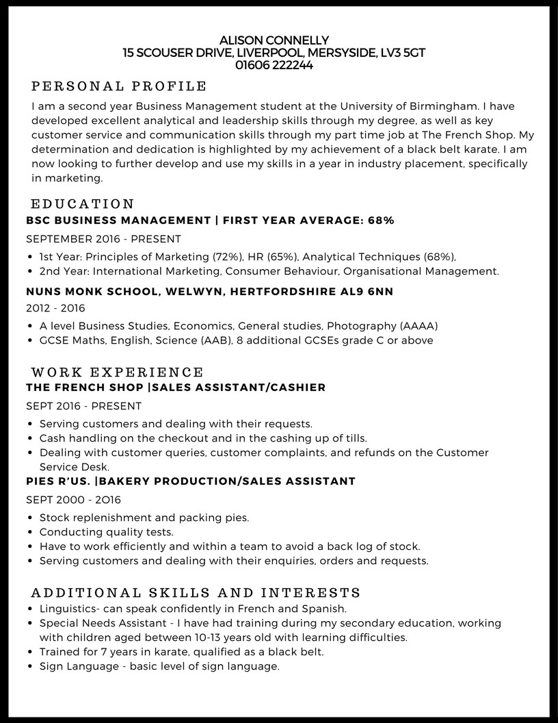 Resume Template Part Time Job Student Cv Example Studentjob Ie