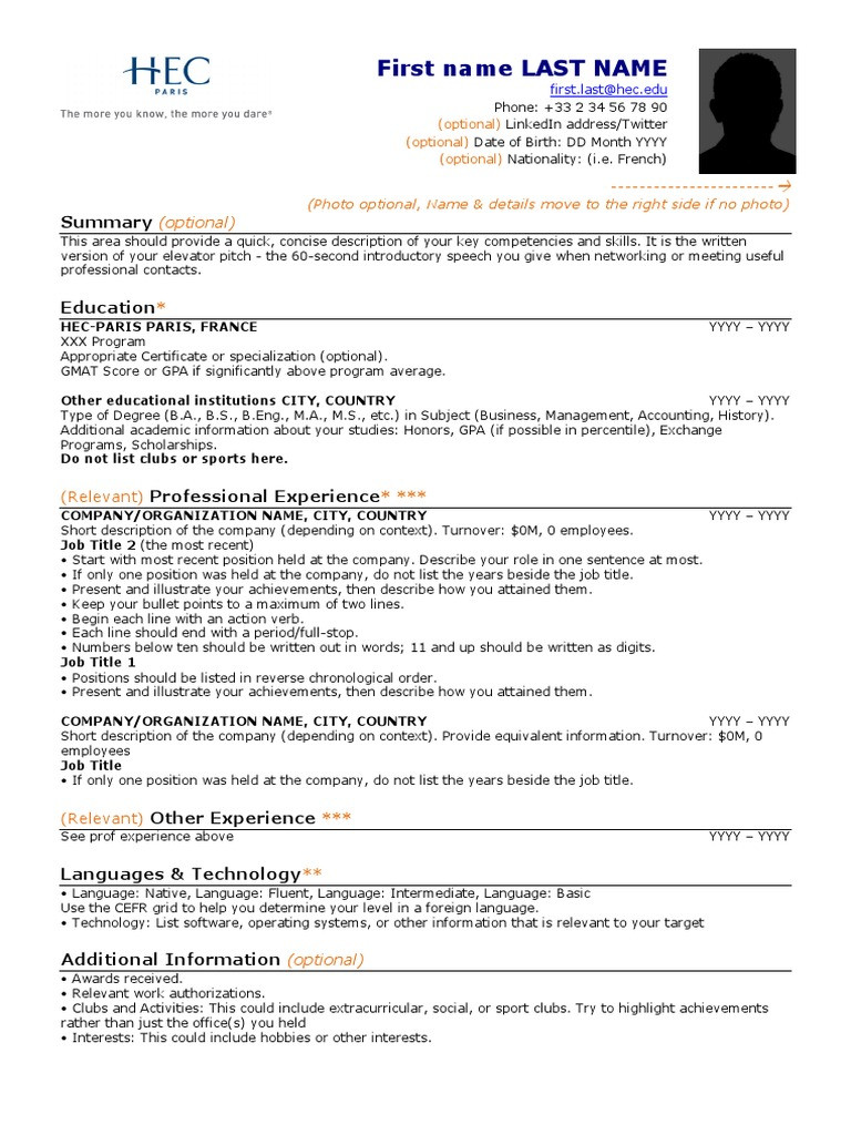 Resume Template with Only One Job Resume Template Hec Paris Pdf Master Of Business …