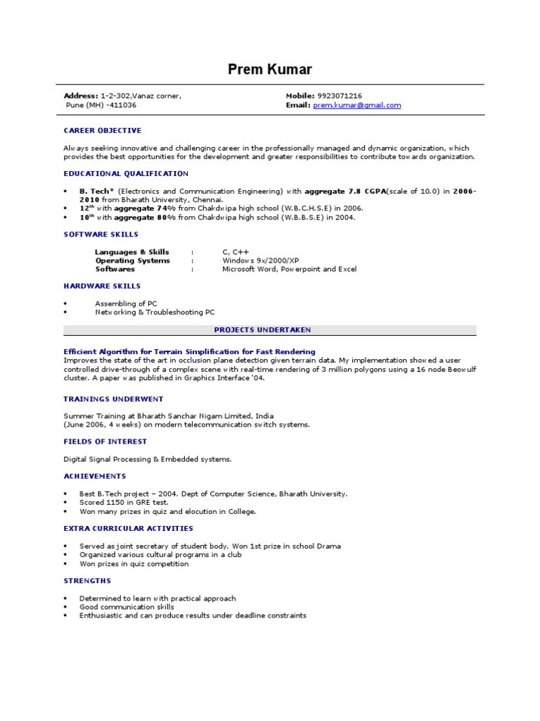 Resume Templates for Computer Science Freshers Fresher Resume Sample Pdf Microsoft Windows Computer Science