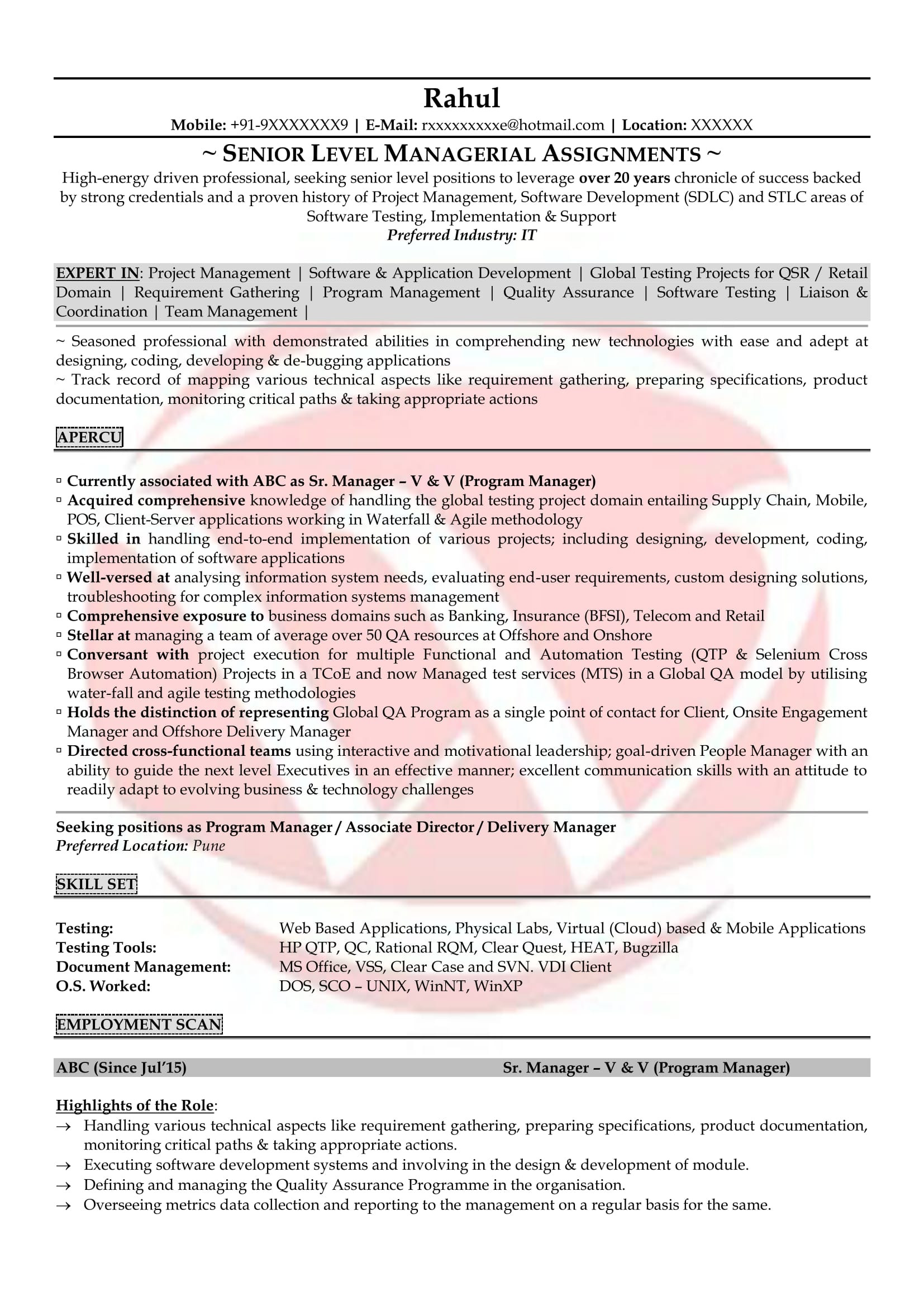 Resume Templates for Experienced software Testing Professionals software Testing Sample Resumes, Download Resume format Templates!