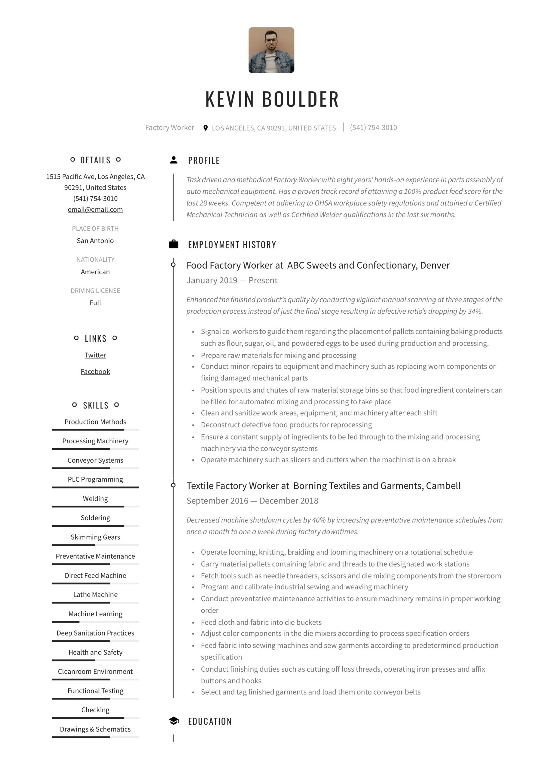 Resume Templates for First Time Workers Factory Worker Resume & Writing Guide  12 Resume Examples 2020