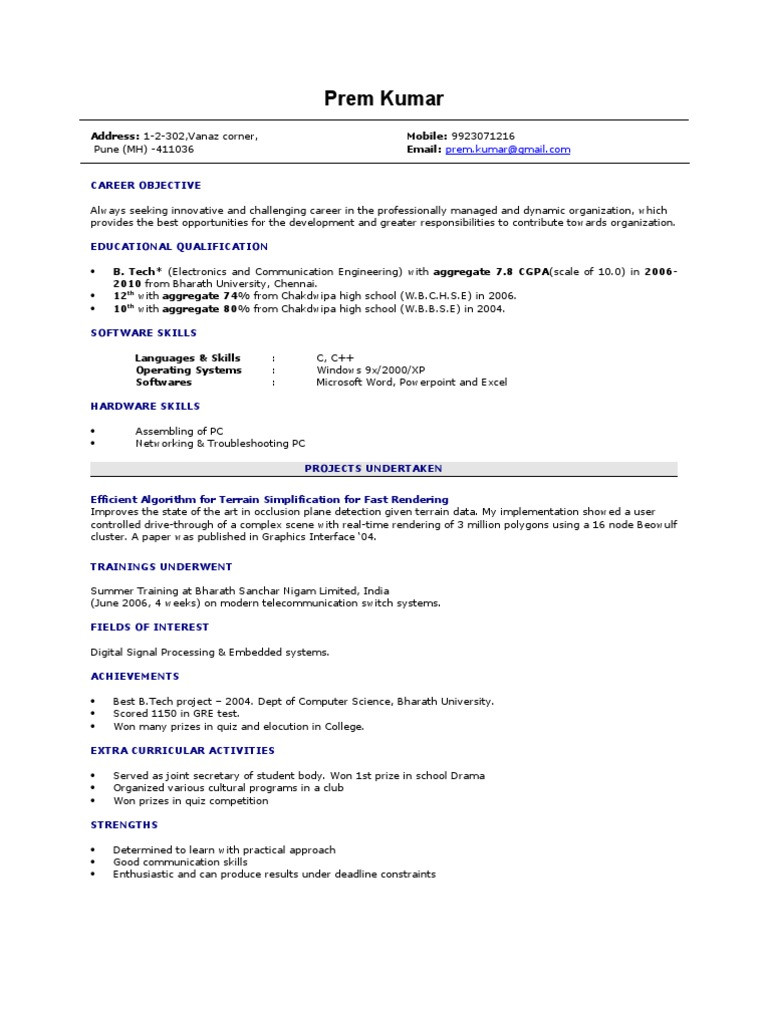 Resume Templates for Fresher software Engineer Fresher Resume Sample Pdf Microsoft Windows Computer Science