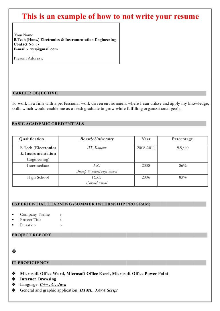 Resume Templates for Freshers Engineers Free Download A Resume format for Fresher – Resume Templates Resume format for …